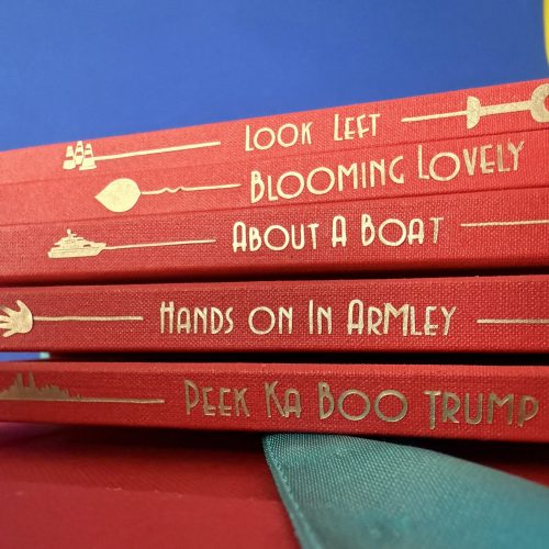thing2 Image of 4 red books laying on top of a blue ribbon each book has a title, look here, blooming lovely, about a boat, hands on in Armley , peek a boo trump